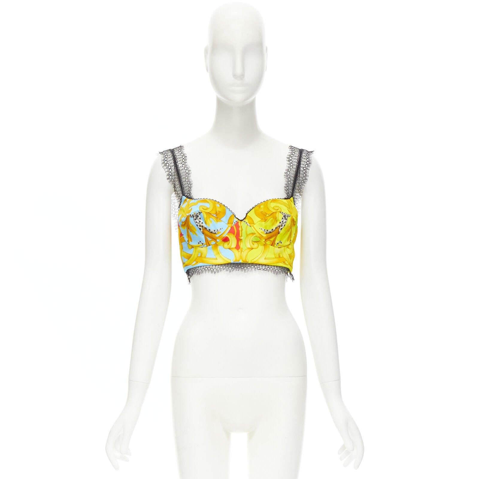 VERSACE Barocco Acanthus Pop print lace trim boned bustier bra top IT38 XS 5