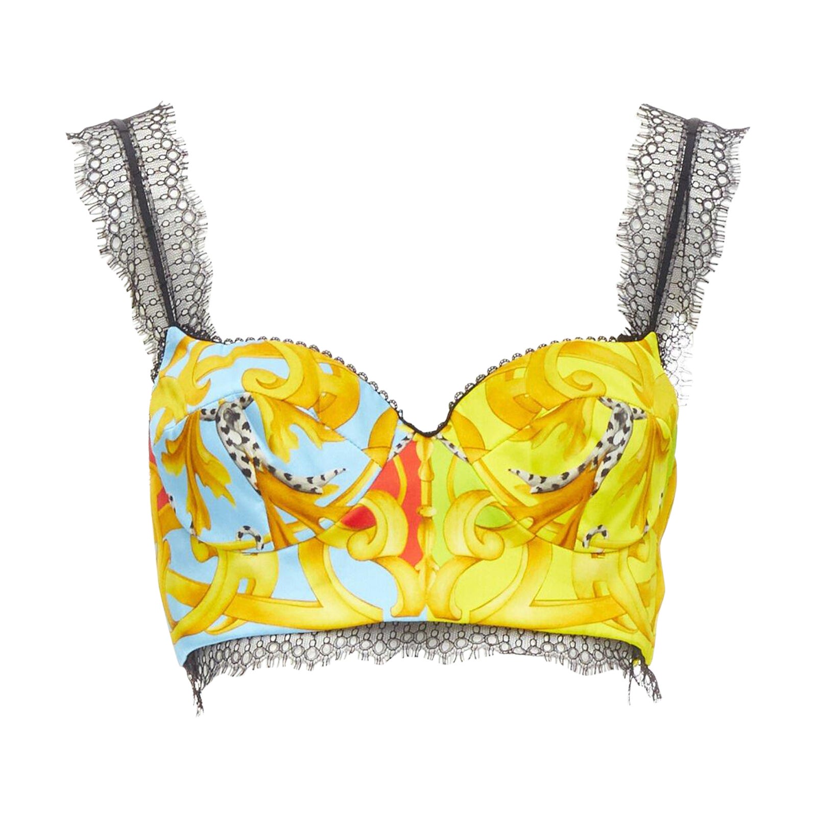 VERSACE Barocco Acanthus Pop print lace trim boned bustier bra top IT38 XS