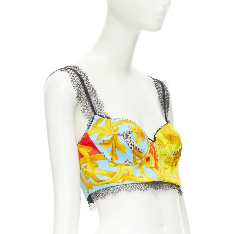 Gray VERSACE Barocco Acanthus Pop print lace trim boned bustier bra top IT40 S For Sale