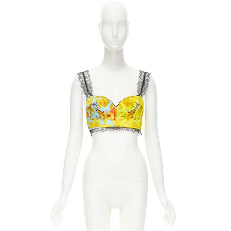 VERSACE Barocco Acanthus Pop print lace trim boned bustier bra top IT40 S For Sale 3