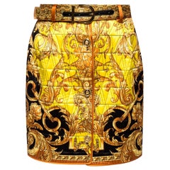 Versace Barocco Femme Print High Waisted Button Down Quilted Silk Skirt Size 38 