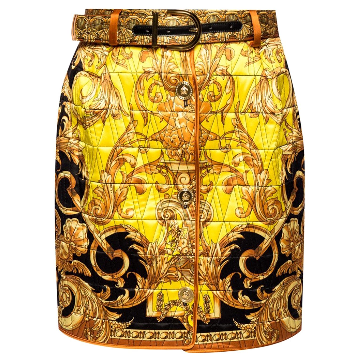 Versace Barocco Femme Print High Waisted Button Down Quilted Silk Skirt Size 40