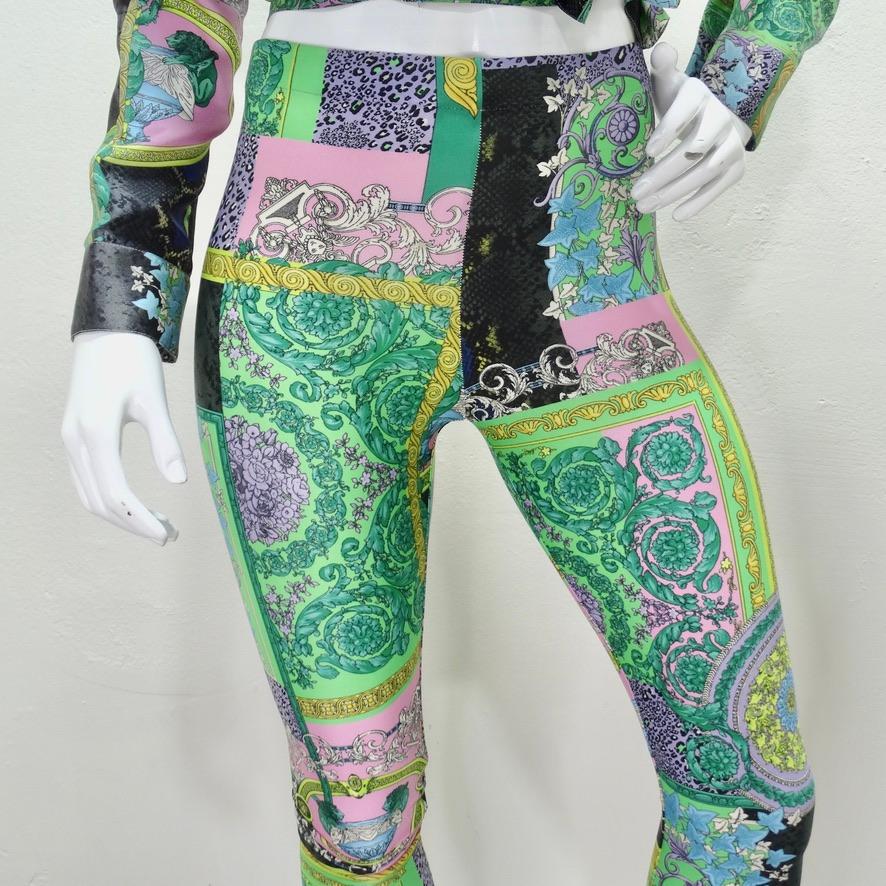 Do not miss out on these special Versace printed nylon leggings! Stunning pastel shades of green, purple, pink and yellow come together to create this intricate signature Versace print that draws in the eye and is so playful and fun. Featuring an