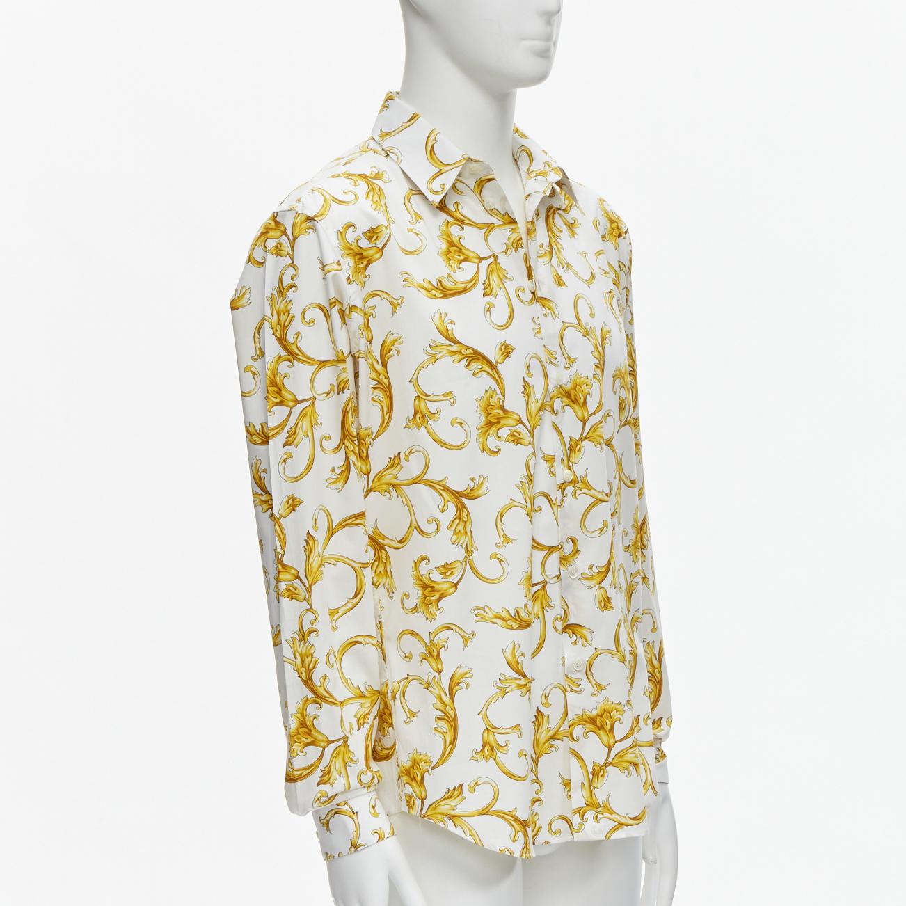 Beige VERSACE Barocco Rococo white gold floral leaf print cotton shirt EU40 M For Sale