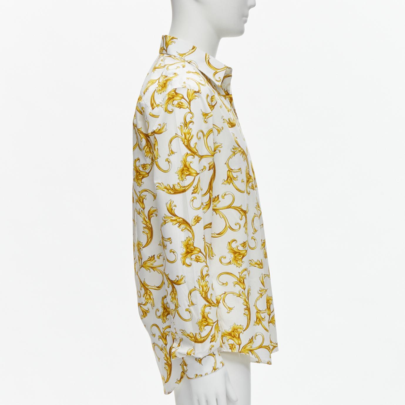 VERSACE Barocco Rococo white gold floral leaf print cotton shirt EU40 M In Excellent Condition For Sale In Hong Kong, NT