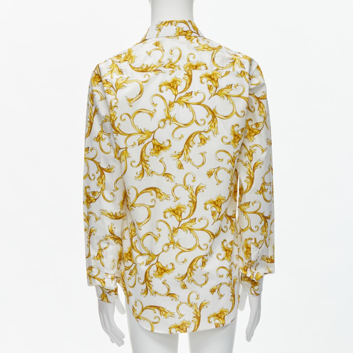 Men's VERSACE Barocco Rococo white gold floral leaf print cotton shirt EU40 M For Sale