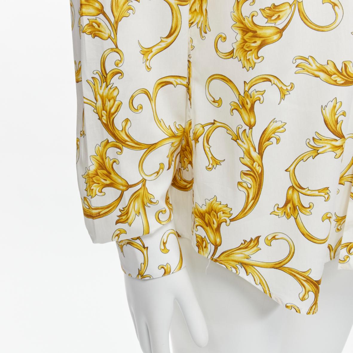 VERSACE Barocco Rococo white gold floral leaf print cotton shirt EU40 M For Sale 2