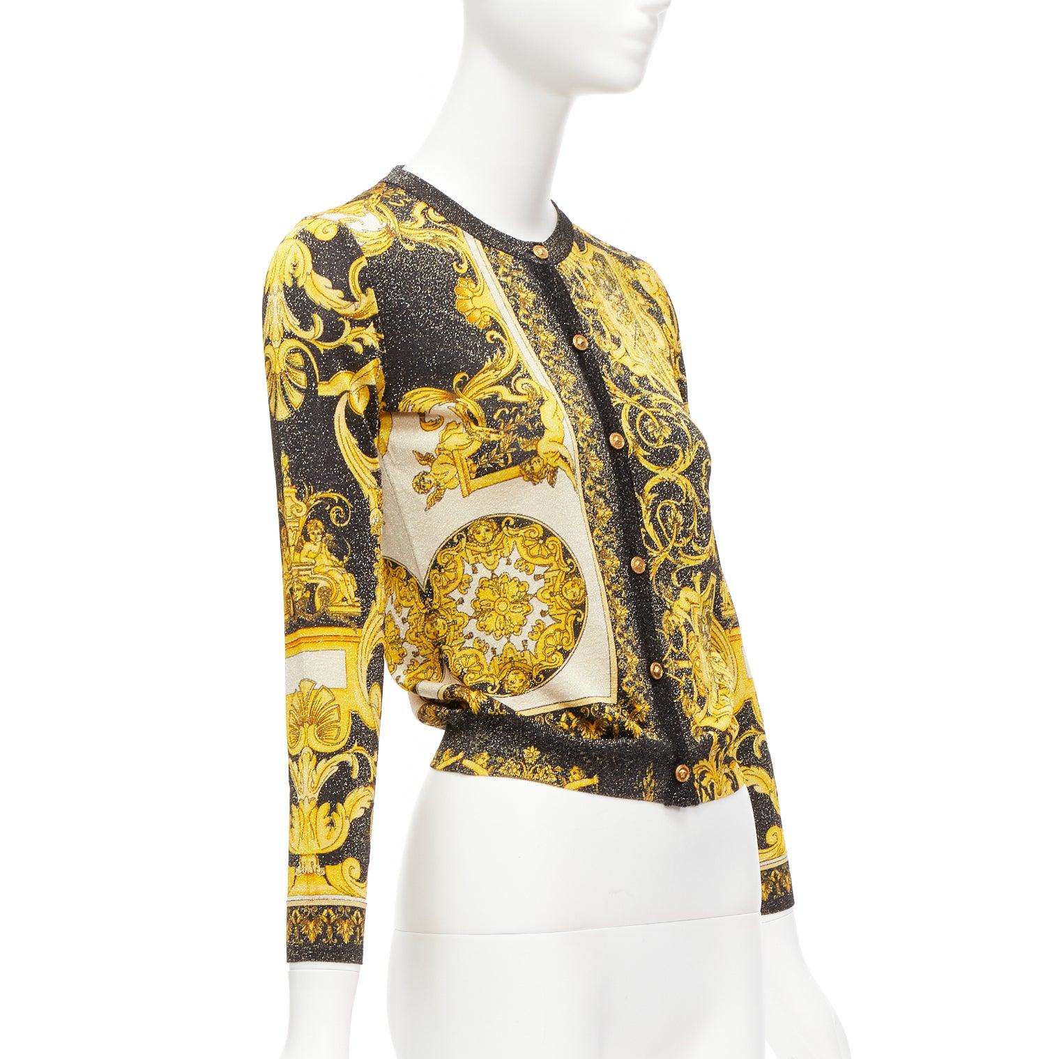 Brown VERSACE  Barocco Tribute gold metallic lurex knit Medusa button cardigan IT38 XS For Sale