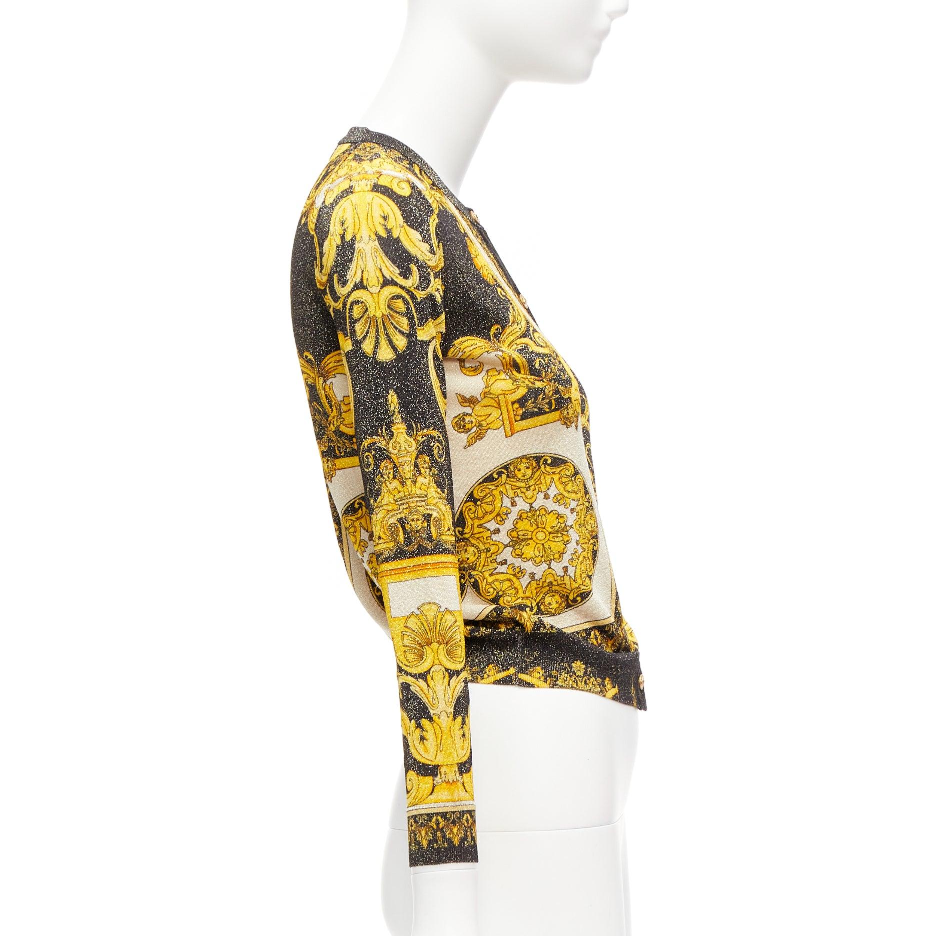 VERSACE  Barocco Tribute gold metallic lurex knit Medusa button cardigan IT38 XS In Excellent Condition For Sale In Hong Kong, NT