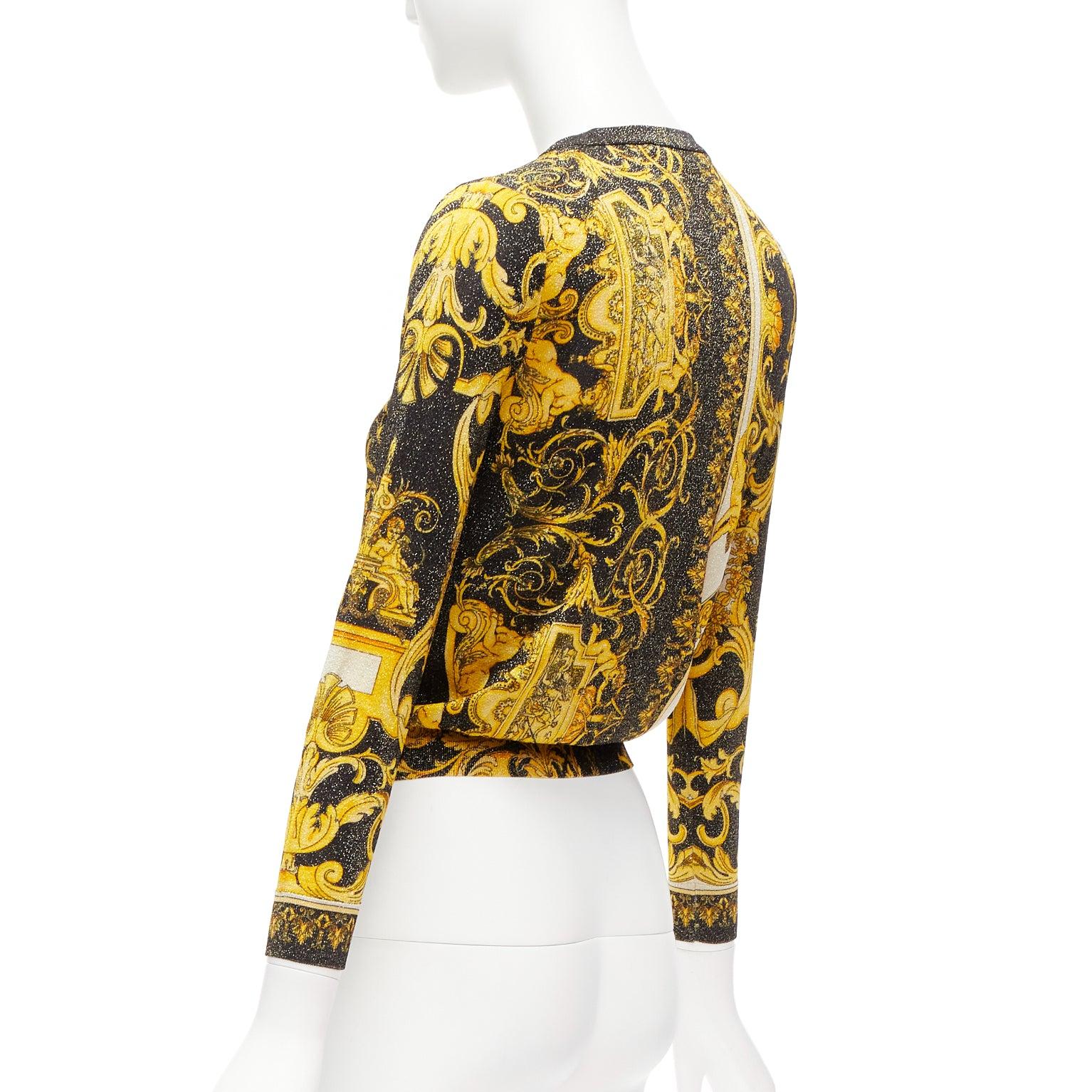 Women's VERSACE  Barocco Tribute gold metallic lurex knit Medusa button cardigan IT38 XS For Sale