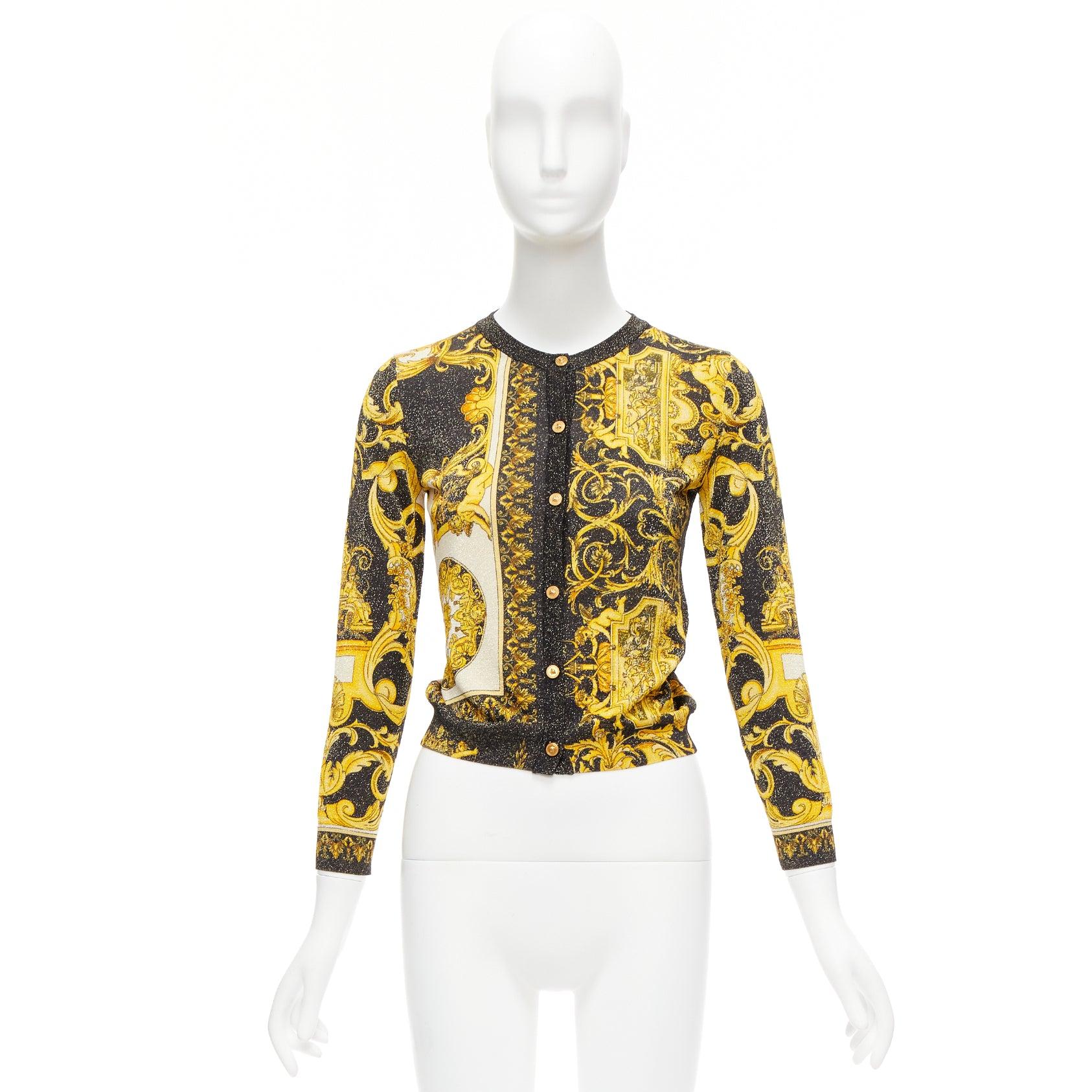 VERSACE  Barocco Tribute gold metallic lurex knit Medusa button cardigan IT38 XS For Sale 4