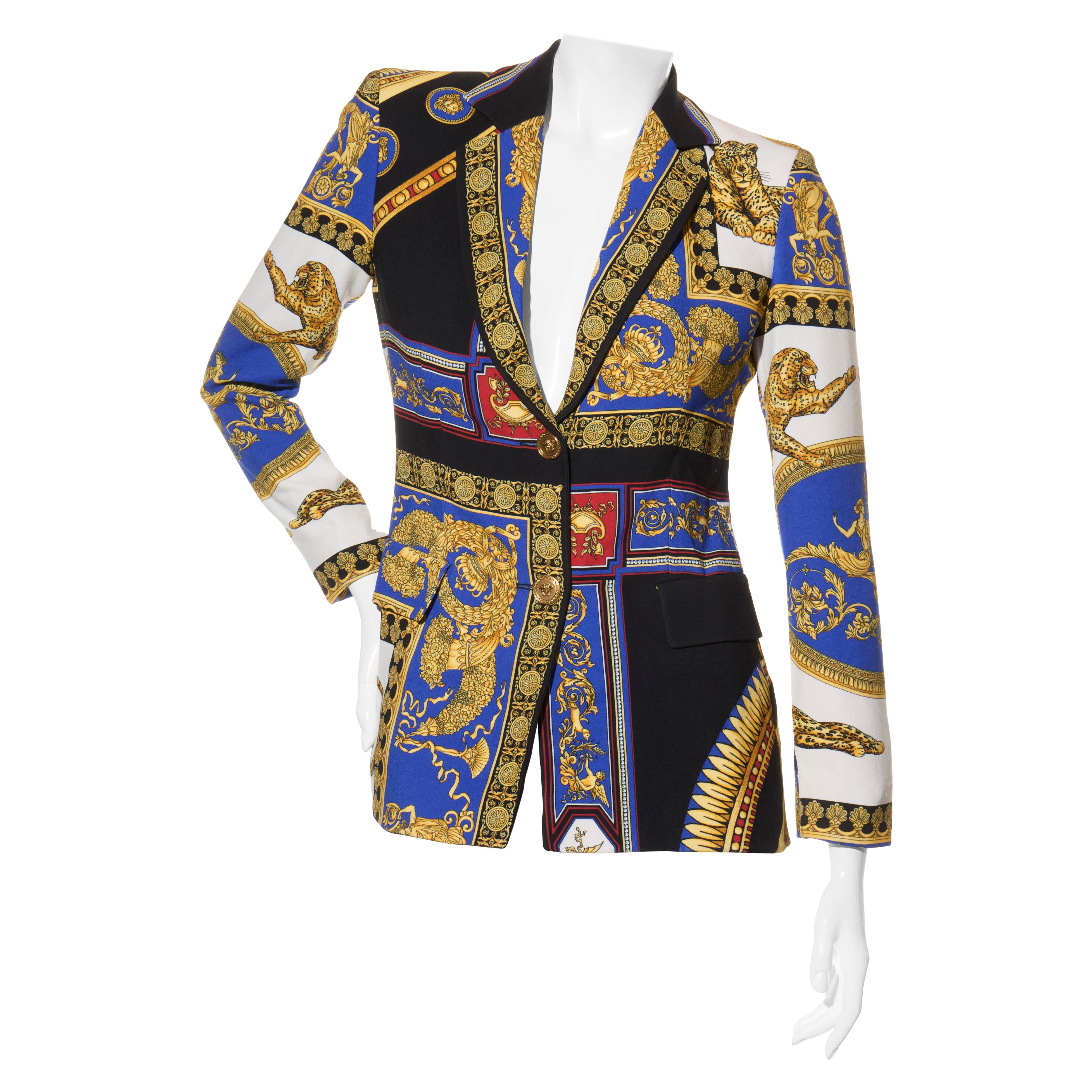 Versace Baroque Leopard Print Blazer FW18 Size 40 Medusa Buttons For Sale