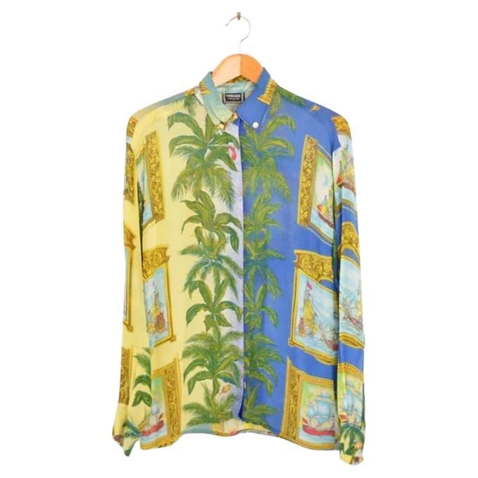 1990's Loud  Gianni Versace Baroque Print Vintage Palm Leaf Pattern Shirt For Sale
