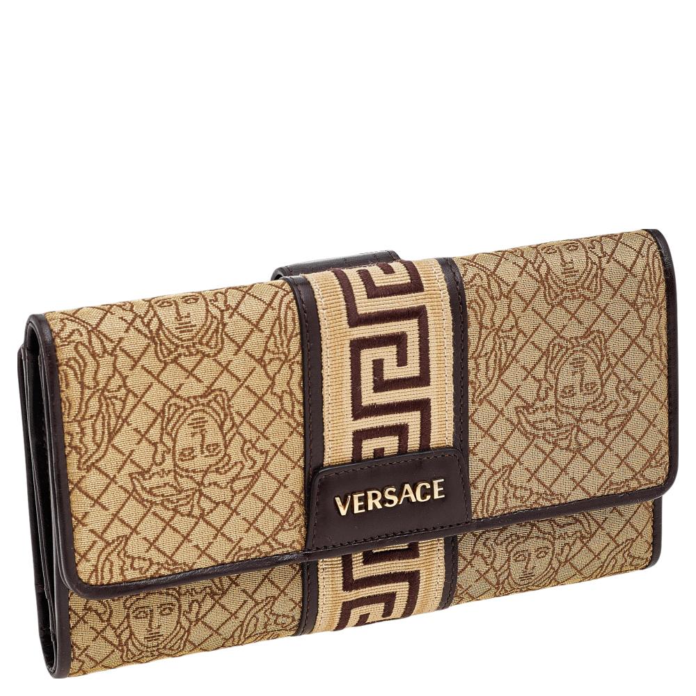 Versace Beige/Brown Medusa Canvas And Leather Continental Wallet In Good Condition In Dubai, Al Qouz 2