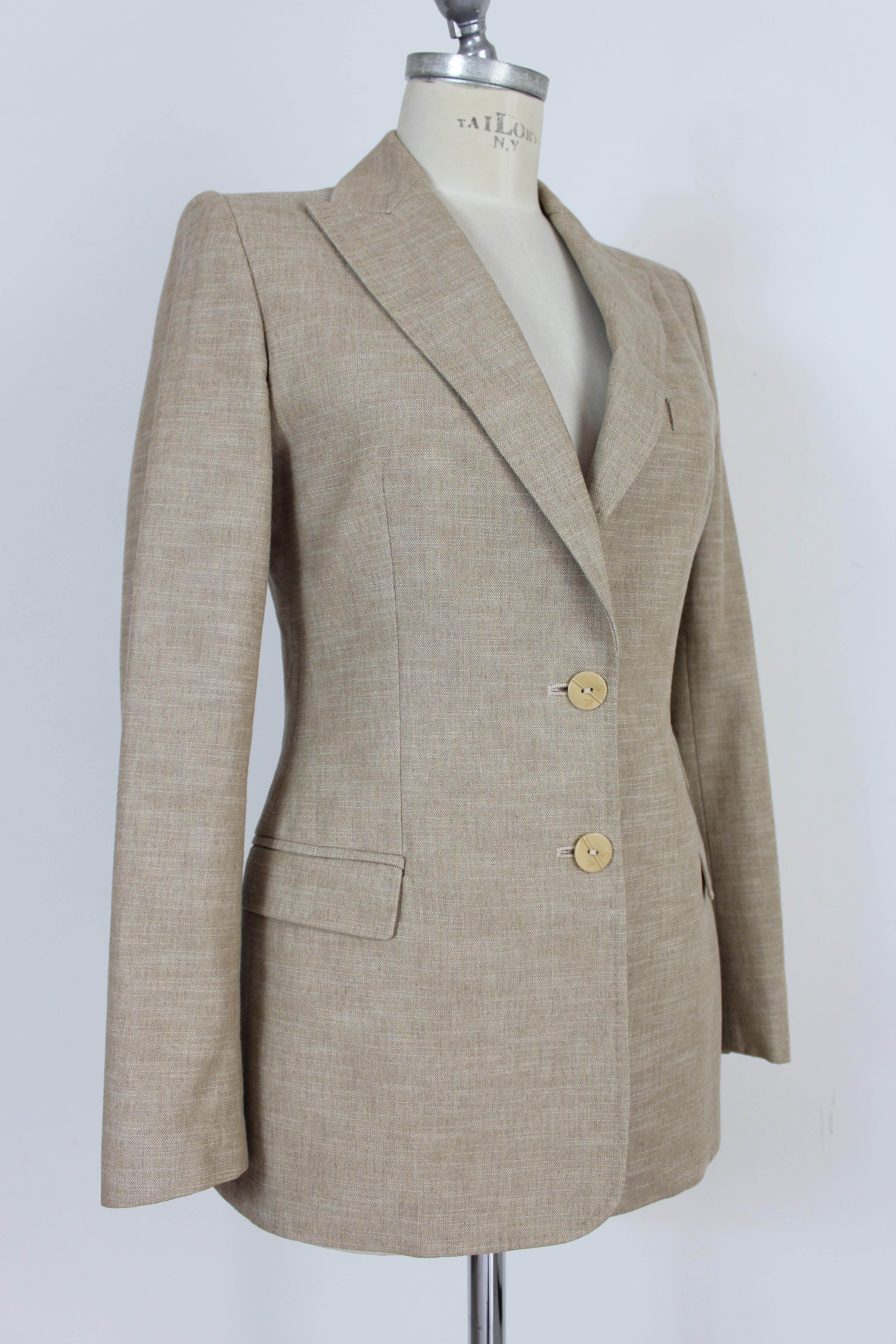 Versace - Blazer tailleur mince ajusté en coton et lin avec empiècement en poil de lapin beige, années 1990  Excellent état - En vente à Brindisi, Bt