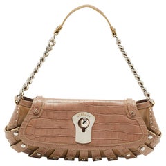 Versace Beige Croc Embossed and Patent Leather Cut Out Chain Hobo