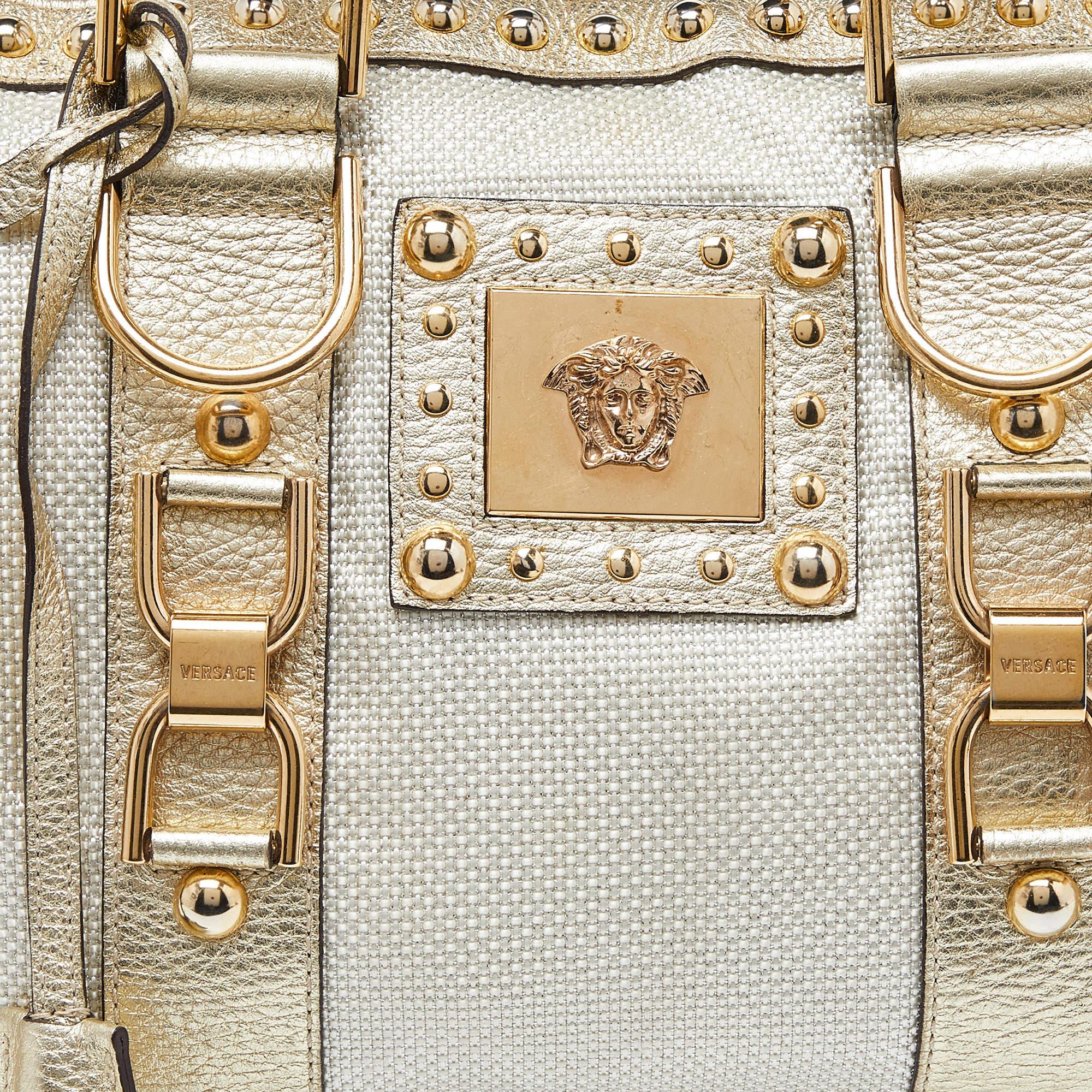 Versace Beige/Gold Nylon and Leather Studded Madonna Satchel For Sale 6