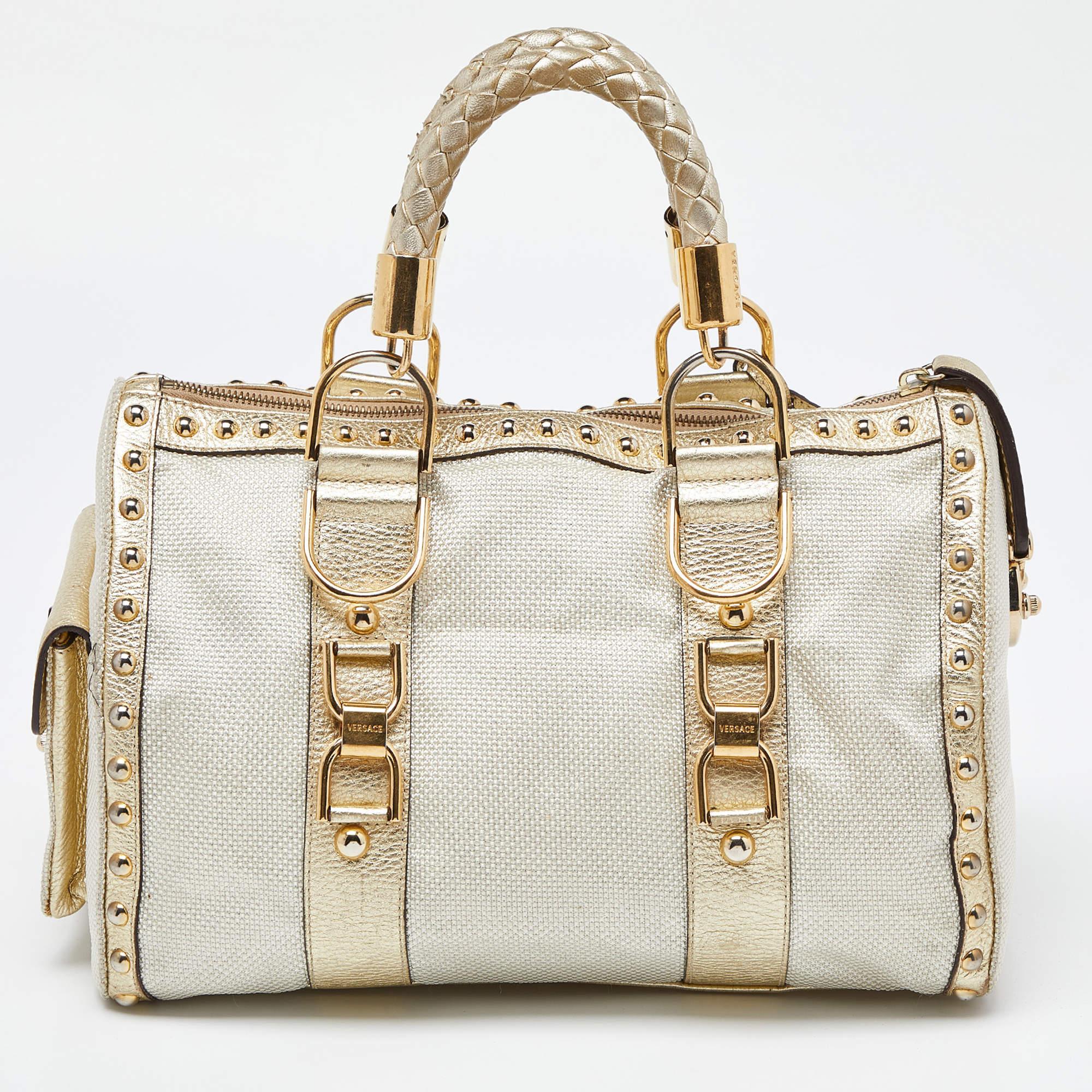 Versace Beige/Gold Nylon and Leather Studded Madonna Satchel In Good Condition For Sale In Dubai, Al Qouz 2