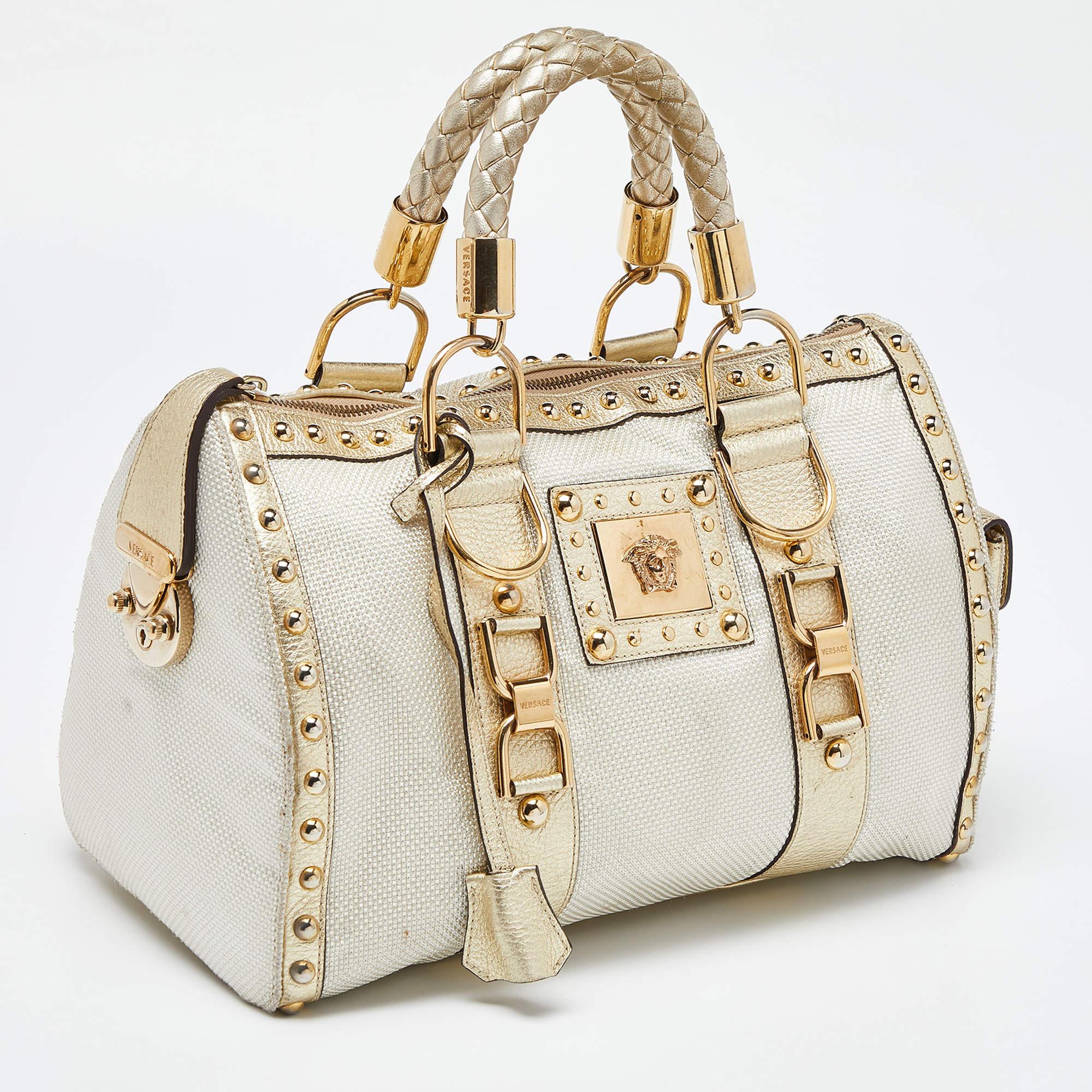 Women's Versace Beige/Gold Nylon and Leather Studded Madonna Satchel For Sale