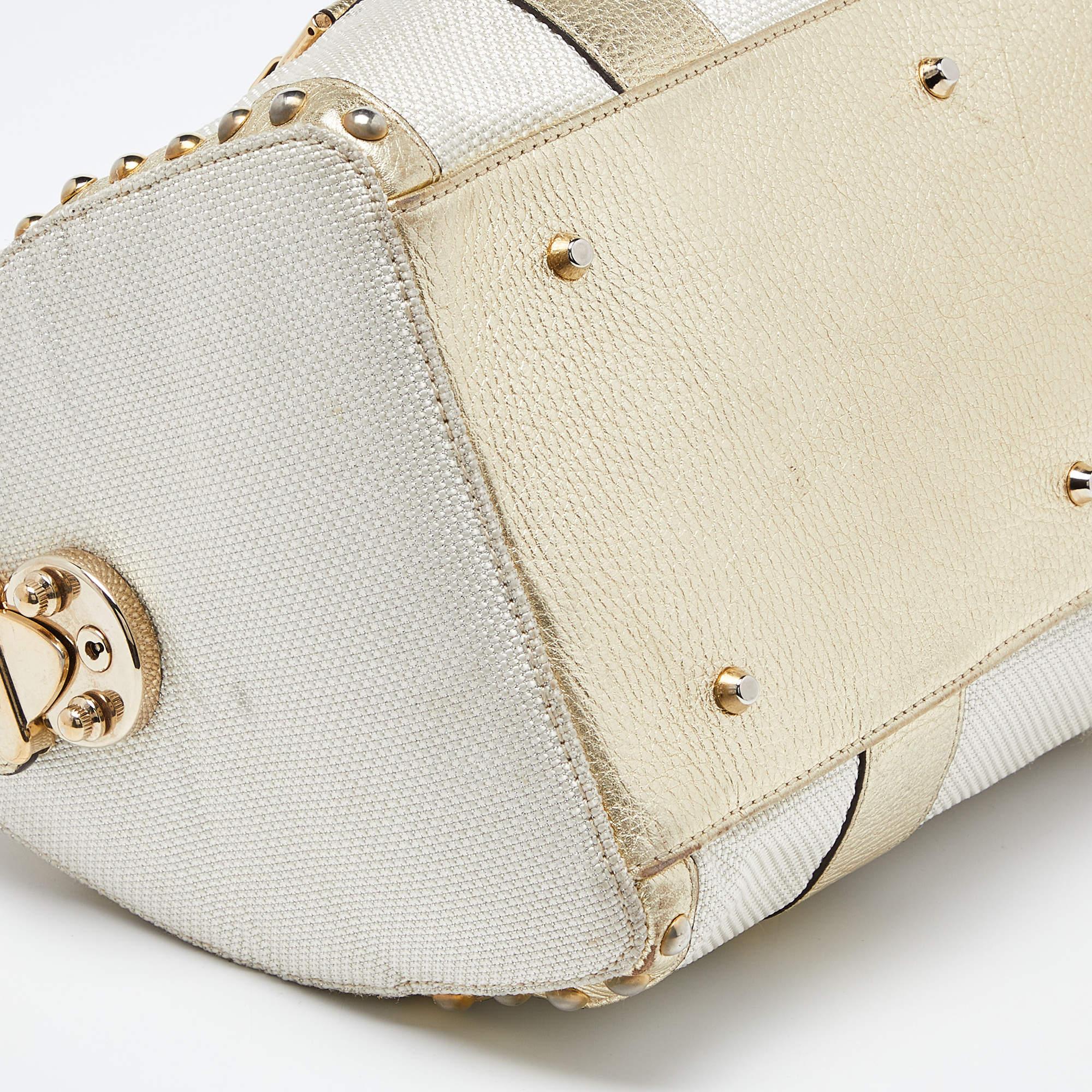 Versace Beige/Gold Nylon and Leather Studded Madonna Satchel For Sale 4