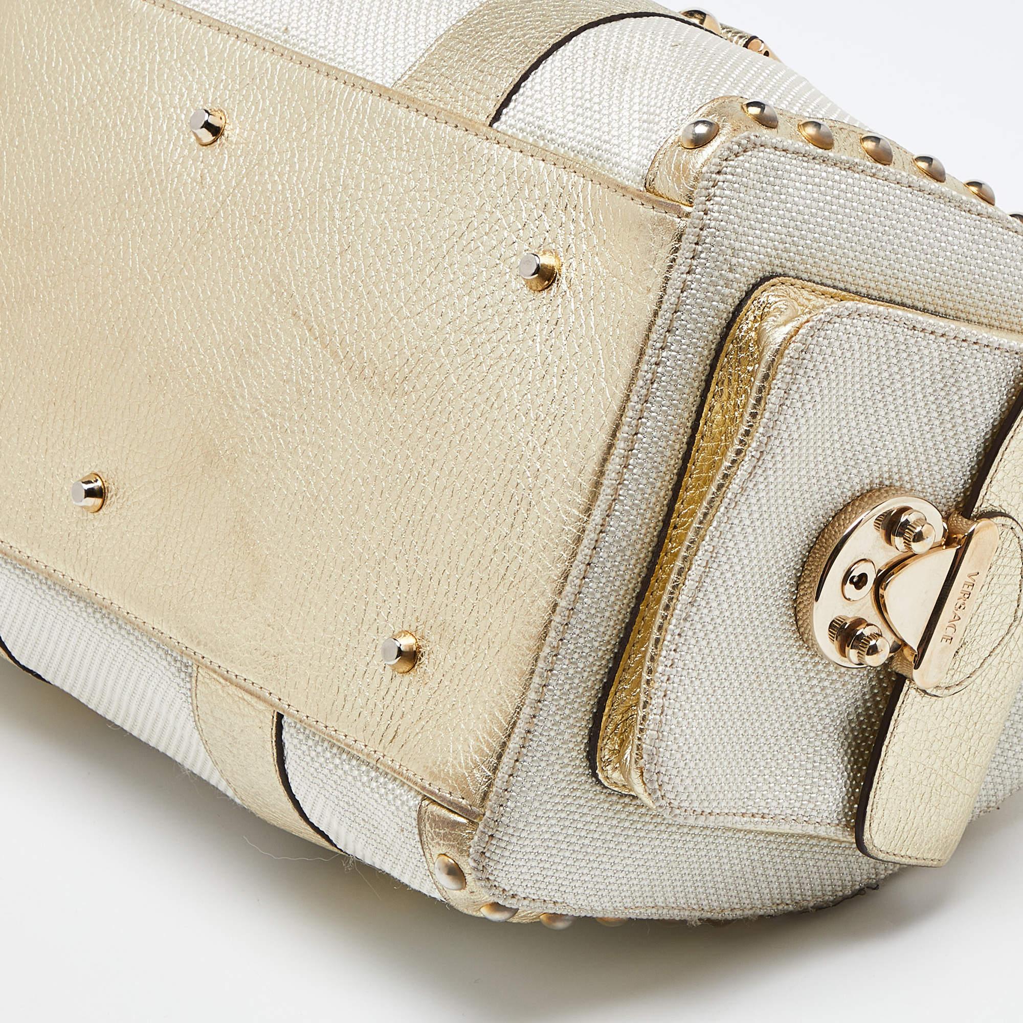 Versace Beige/Gold Nylon and Leather Studded Madonna Satchel For Sale 5