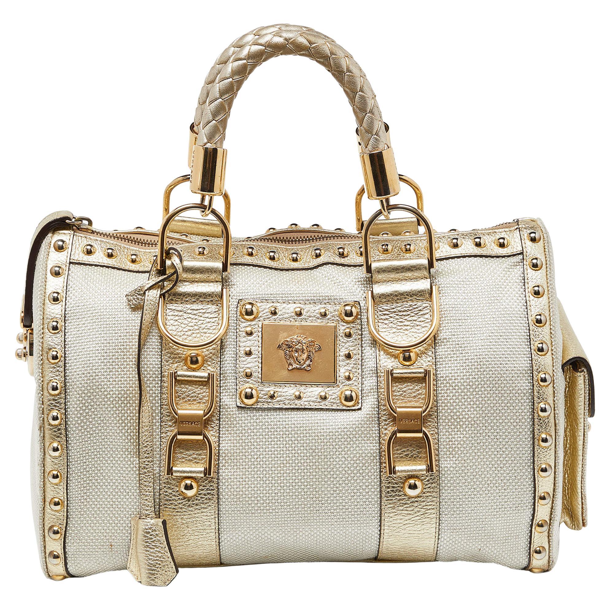Versace Beige/Gold Nylon and Leather Studded Madonna Satchel For Sale