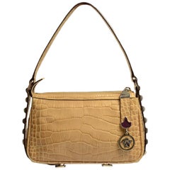 Versace Beige Leather Croc Embossed Studded Pochette Bag w/ Medussa Zipper Pull