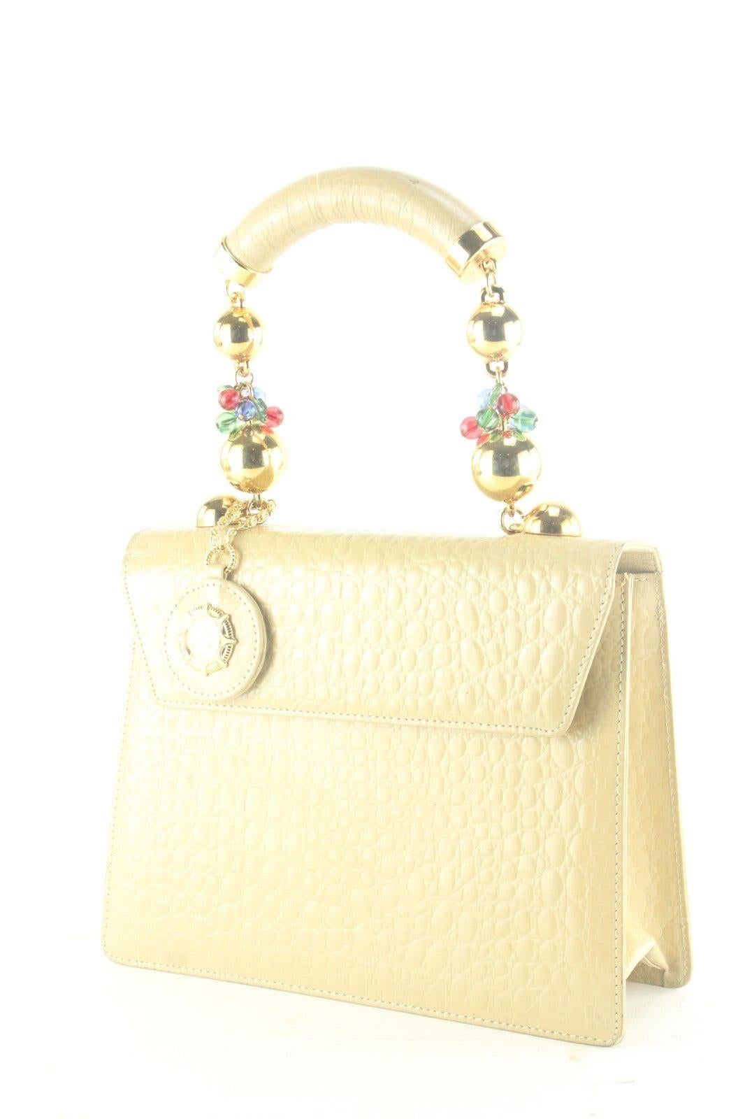 Versace Beige Leather Stone Chain Top Handle Bag 1VER105K For Sale 8