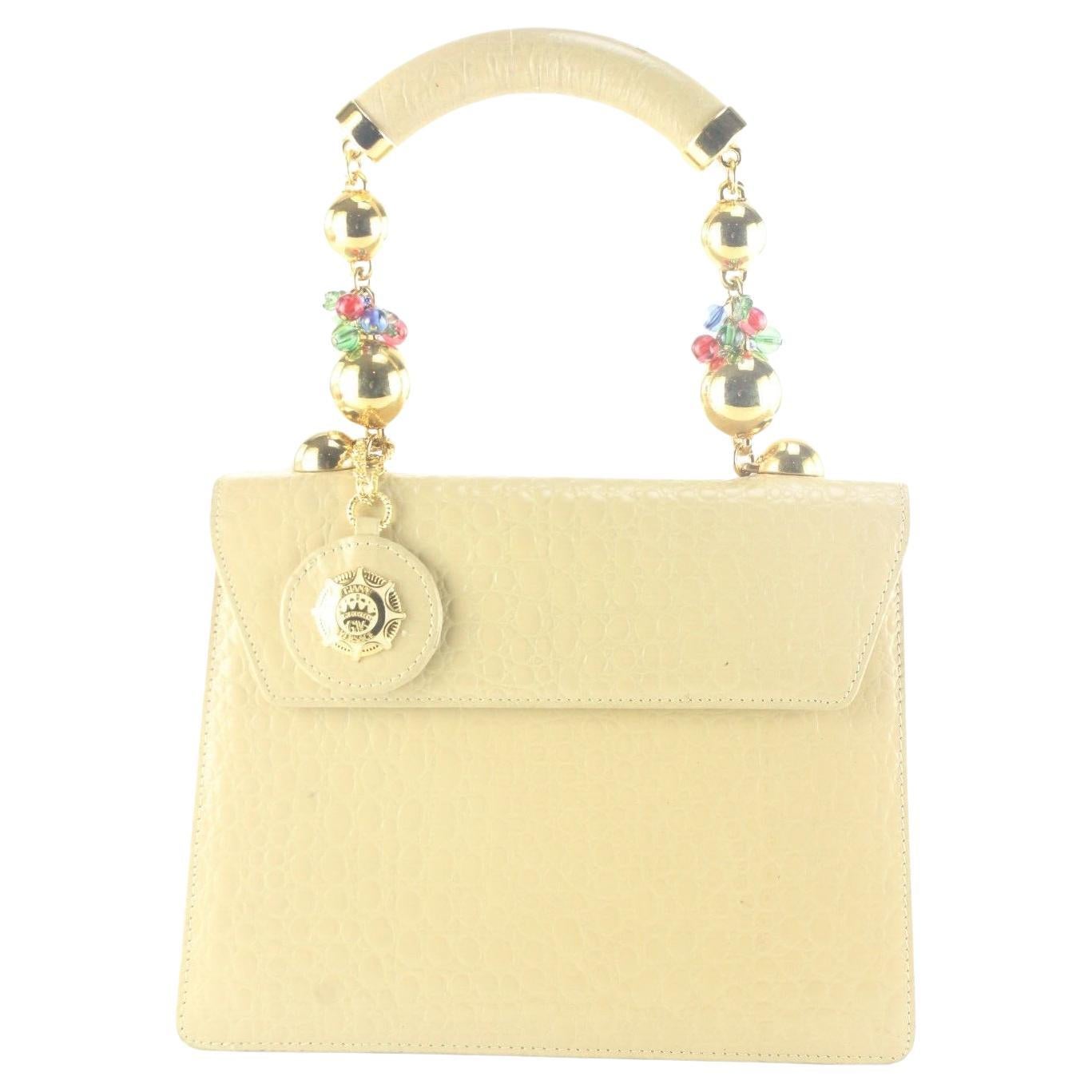 Versace Beige Leather Stone Chain Top Handle Bag 1VER105K For Sale