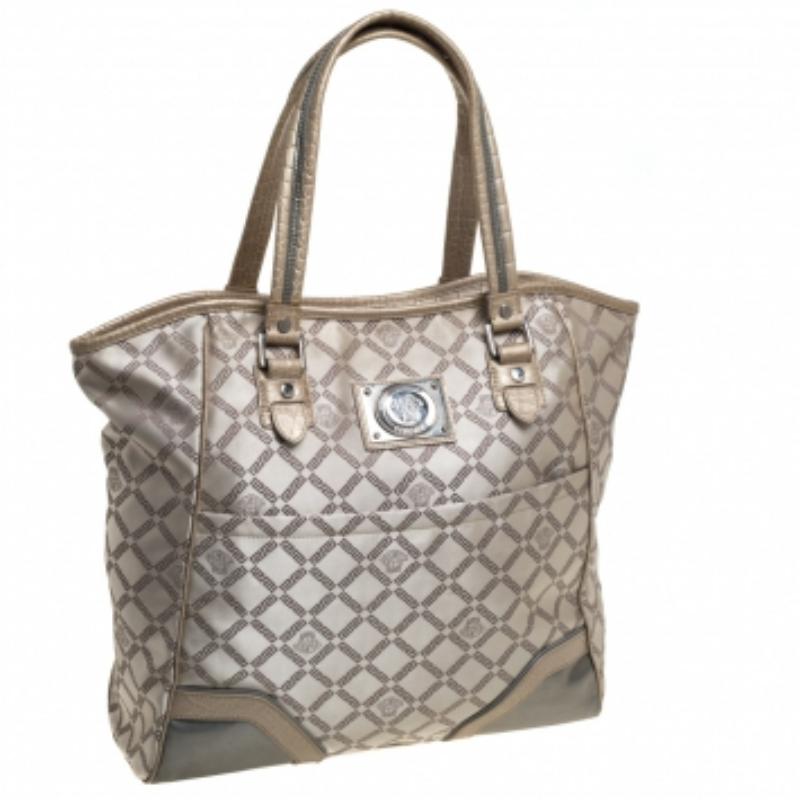 Versace Beige Monogram Fabric and Croc Embossed Leather Tote In Fair Condition For Sale In Dubai, Al Qouz 2