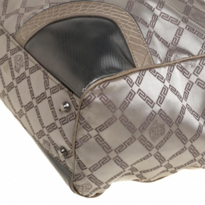 Versace Beige Monogram Fabric and Croc Embossed Leather Tote For Sale 1