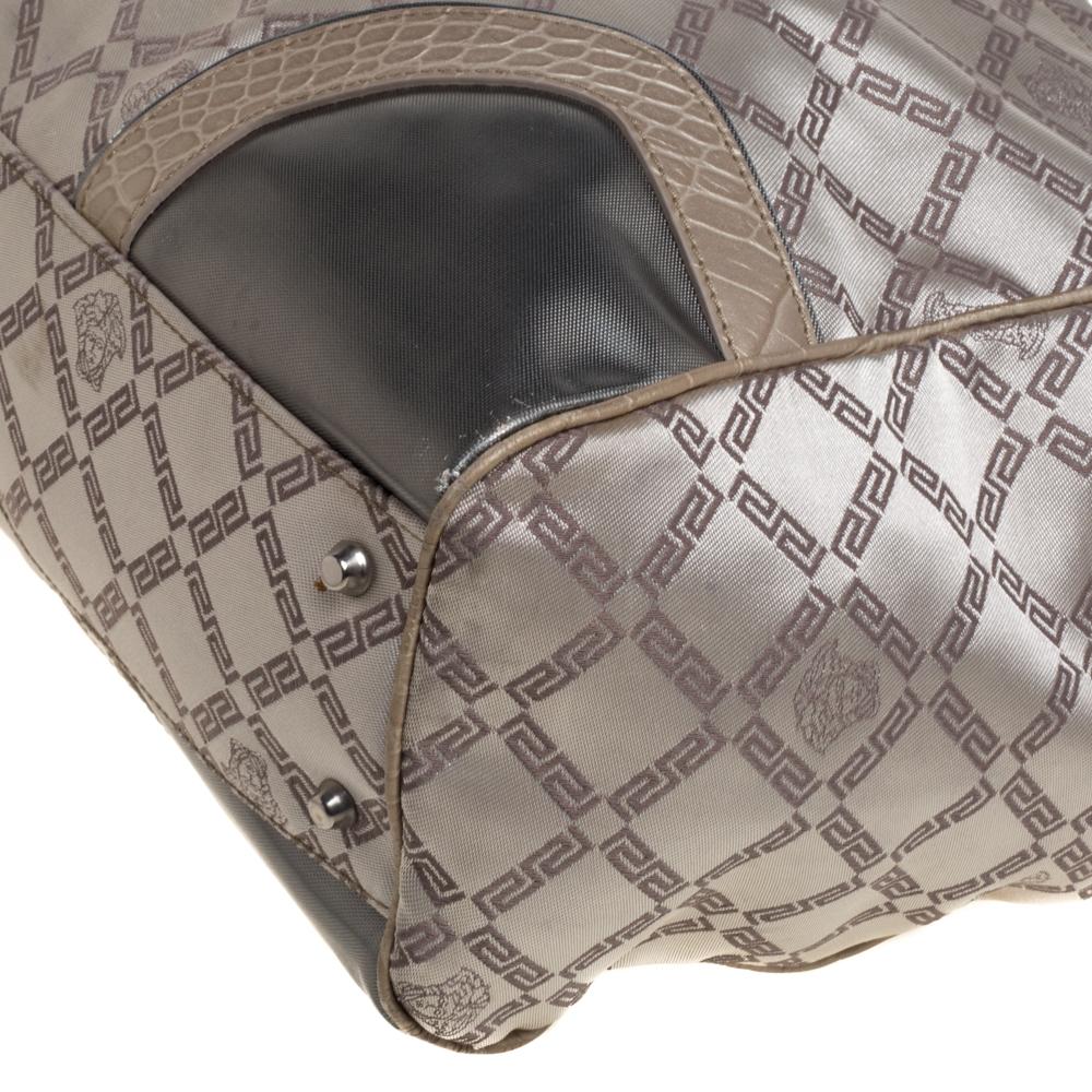 Versace Beige Monogram Fabric and Croc Embossed Leather Tote In Fair Condition For Sale In Dubai, Al Qouz 2