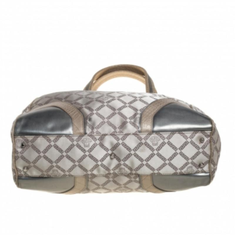 Versace Beige Monogram Fabric and Croc Embossed Leather Tote For Sale 3
