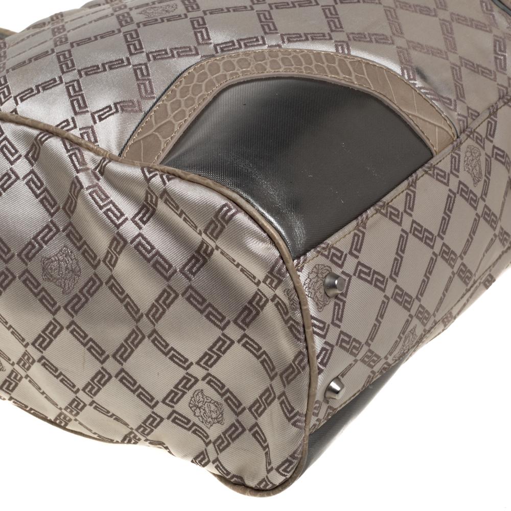 Women's Versace Beige Monogram Fabric and Croc Embossed Leather Tote For Sale