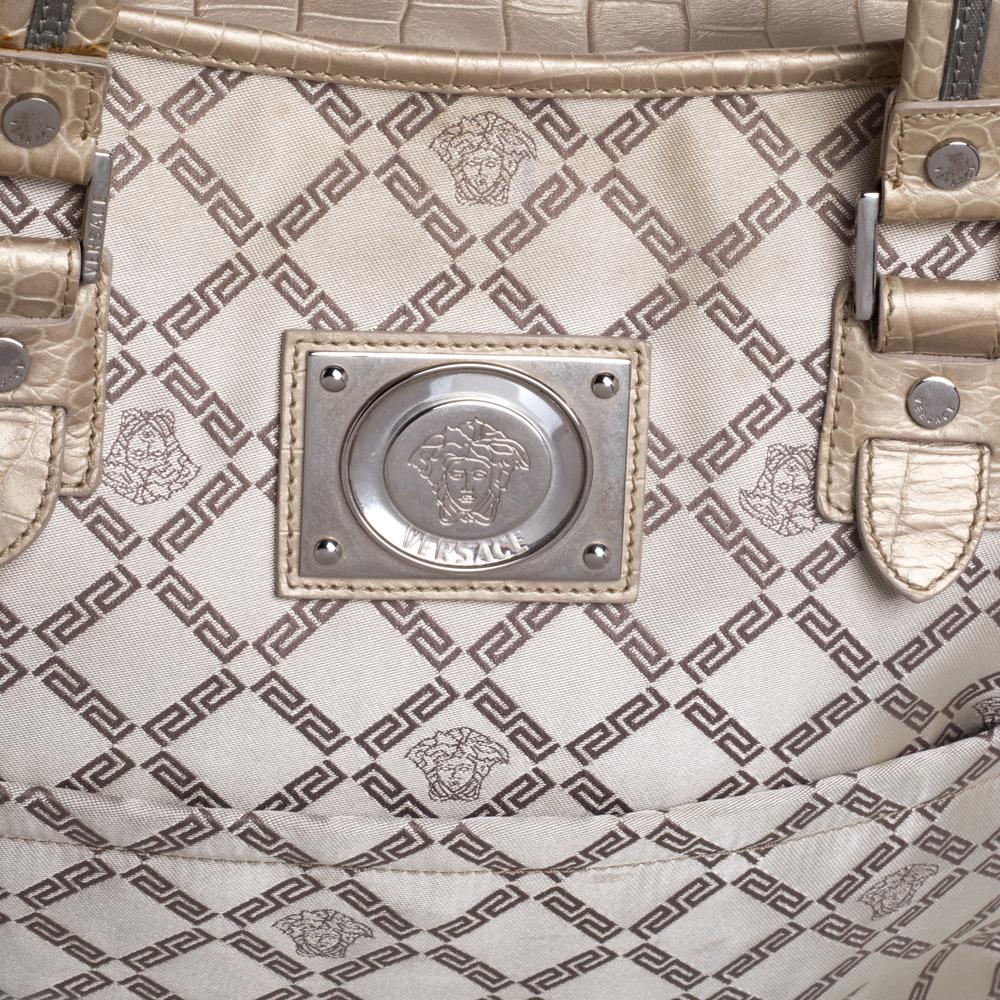 Versace Beige Monogram Fabric and Croc Embossed Leather Tote For Sale 1