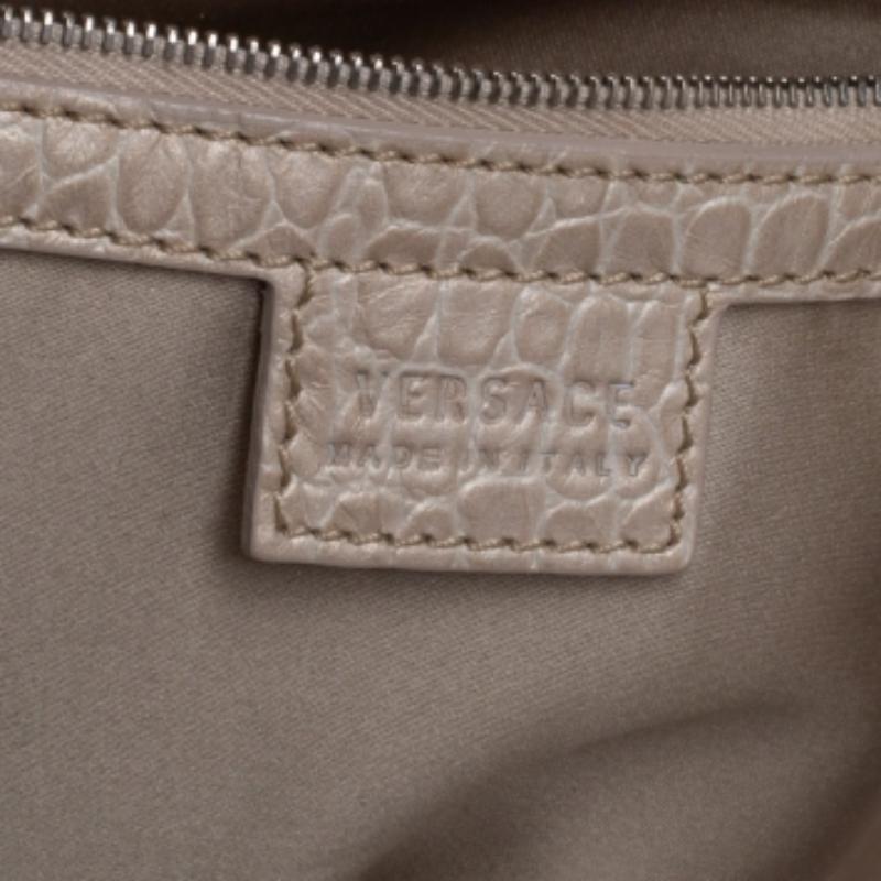 Versace Beige Monogram Fabric and Croc Embossed Leather Tote For Sale 5