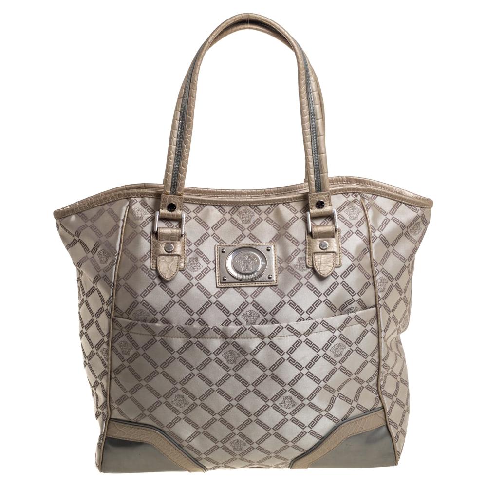 Versace Beige Monogram Fabric and Croc Embossed Leather Tote