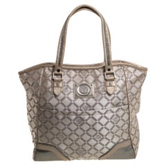 Versace Beige Monogram Fabric and Croc Embossed Leather Tote