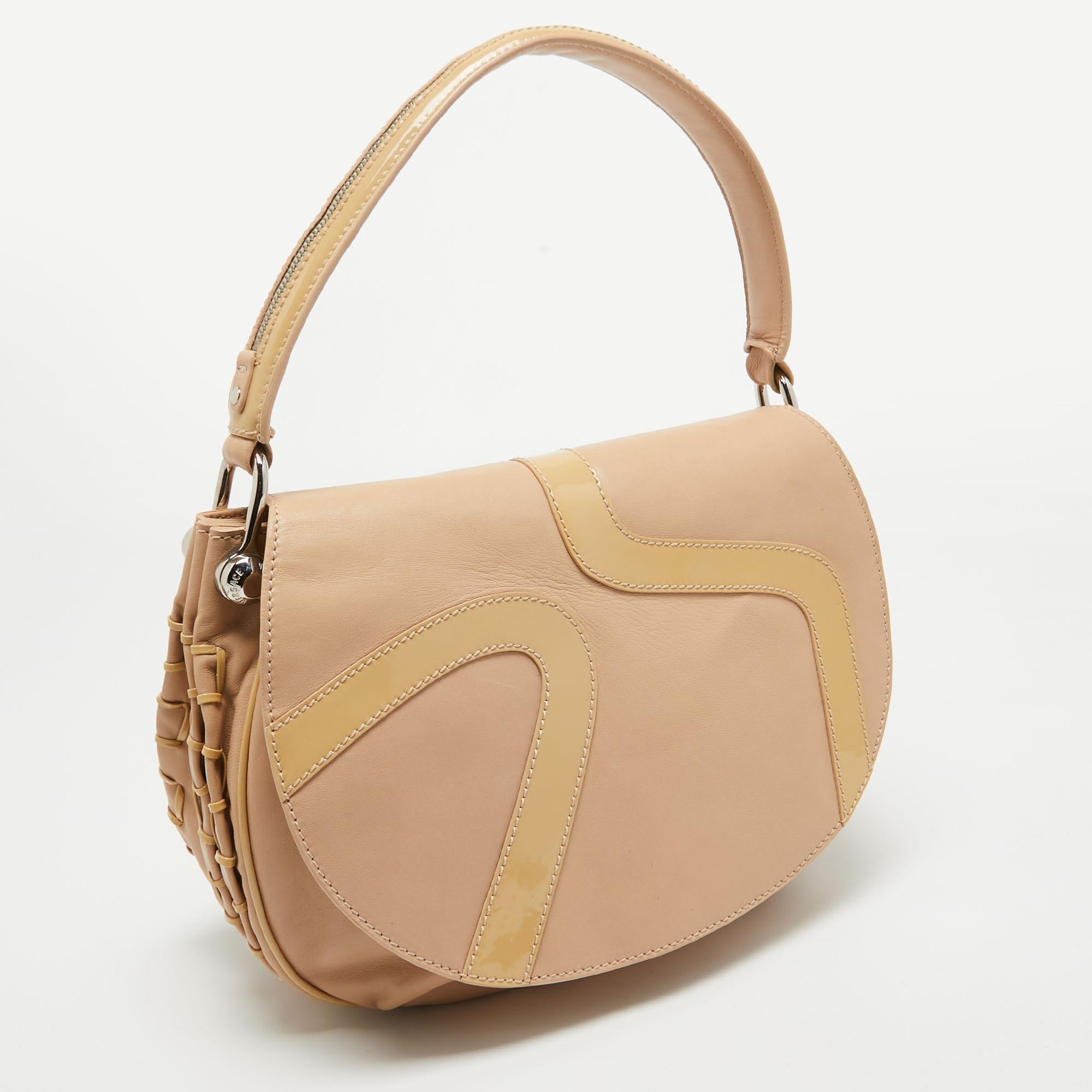 Women's Versace Beige Patent and Leather Patch Hobo For Sale