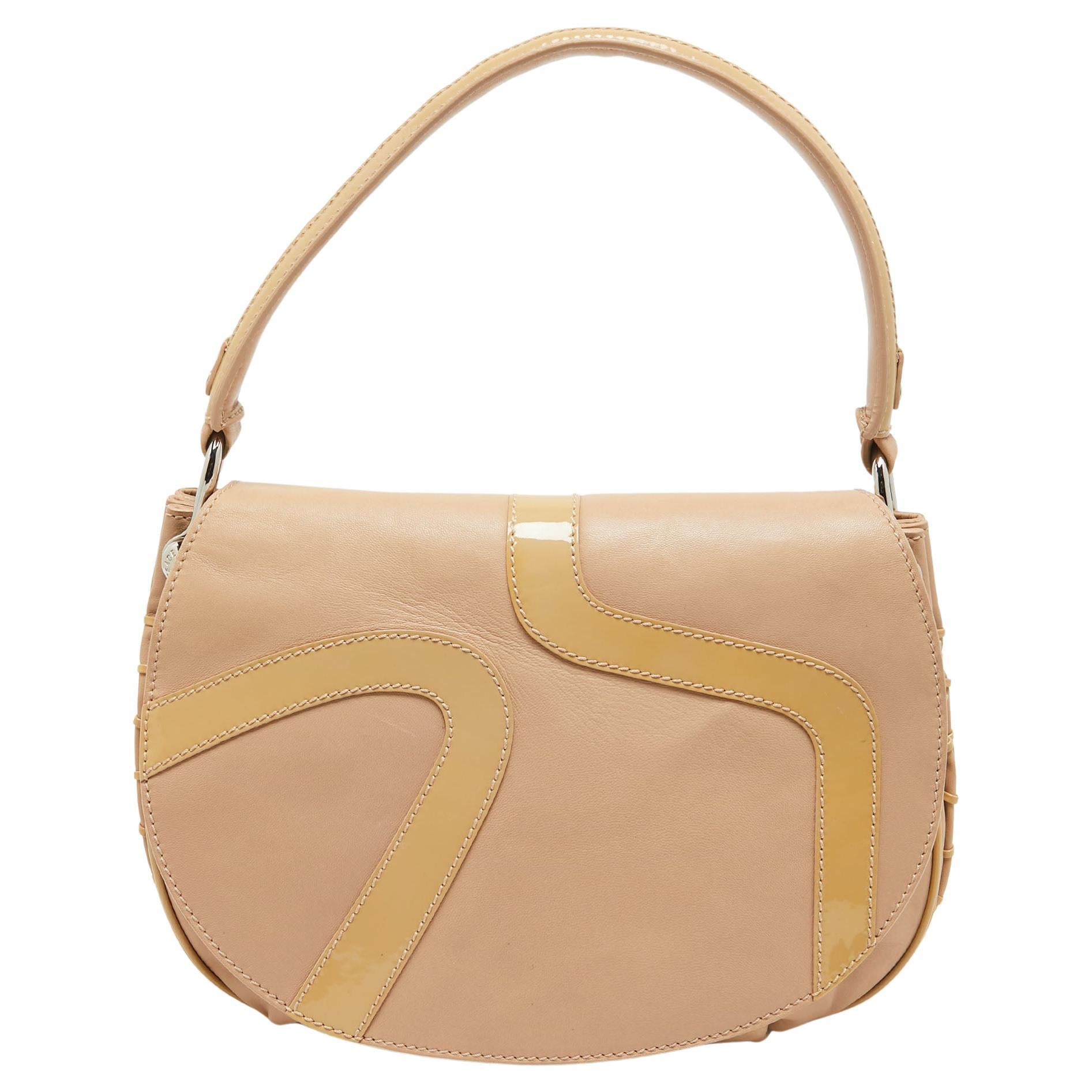 Versace Beige Patent and Leather Patch Hobo For Sale