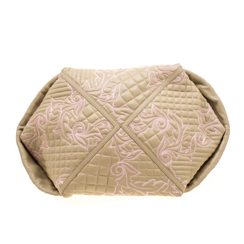 Versace Beige/Pink Quilted Barocco Leather Top Handle Bag 6