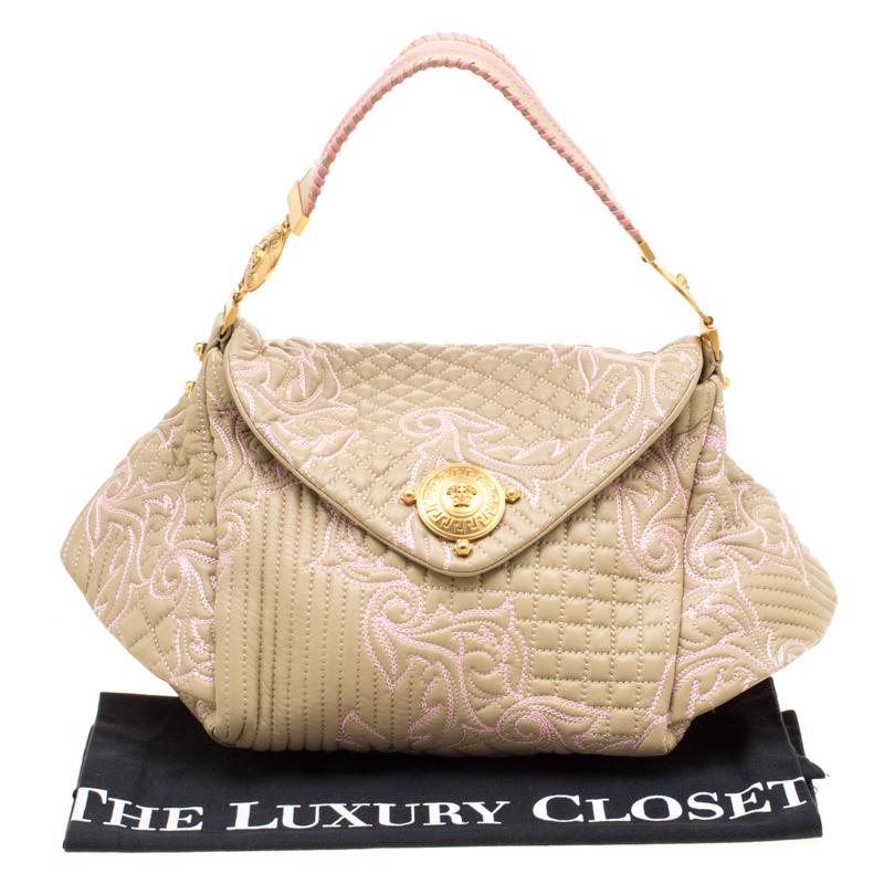 Versace Beige/Pink Quilted Barocco Leather Top Handle Bag 7