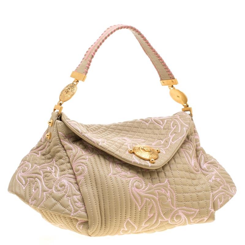 Versace Beige/Pink Quilted Barocco Leather Top Handle Bag 2