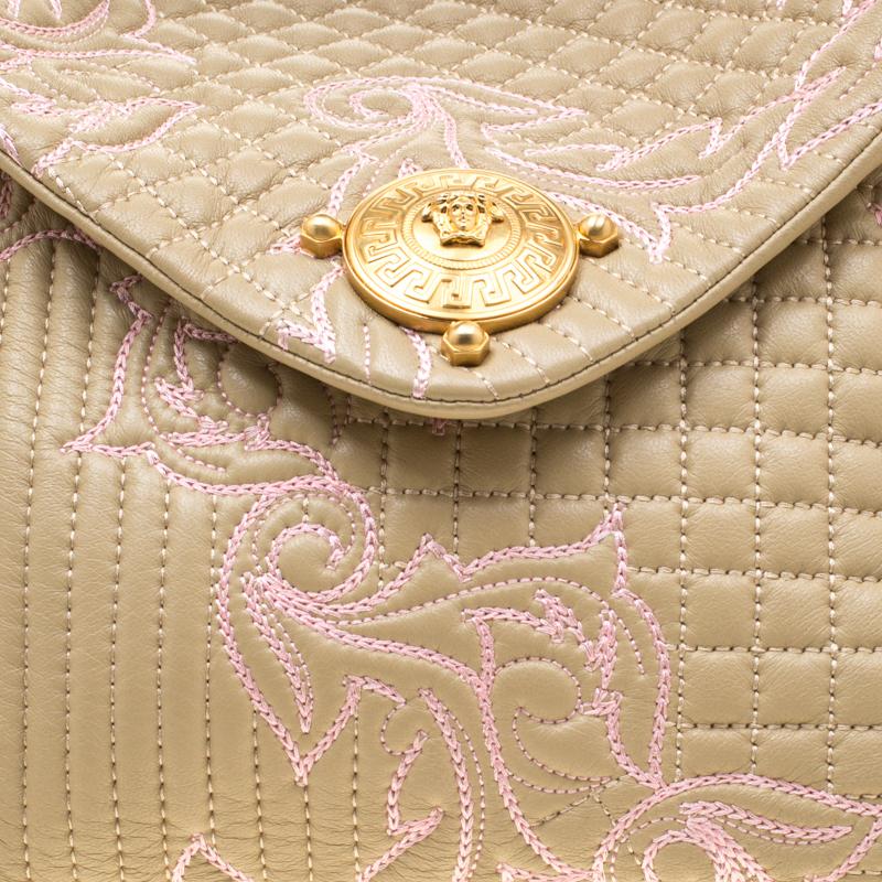 Versace Beige/Pink Quilted Barocco Leather Top Handle Bag 3