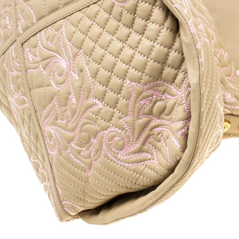 Versace Beige/Pink Quilted Barocco Leather Top Handle Bag 4