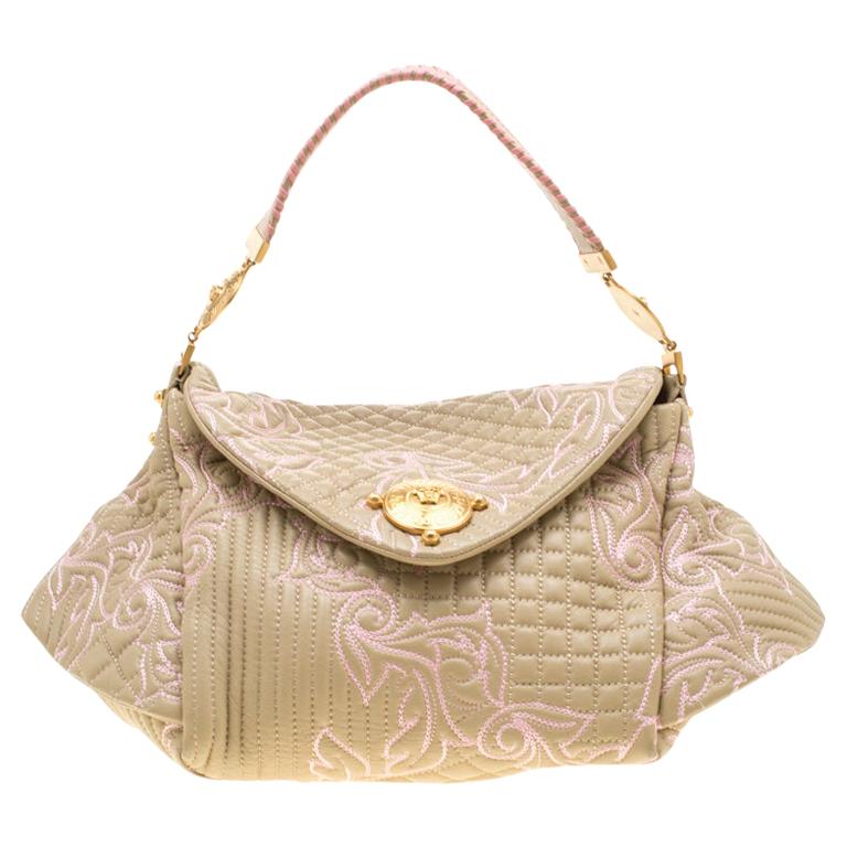 Versace Beige/Pink Quilted Barocco Leather Top Handle Bag