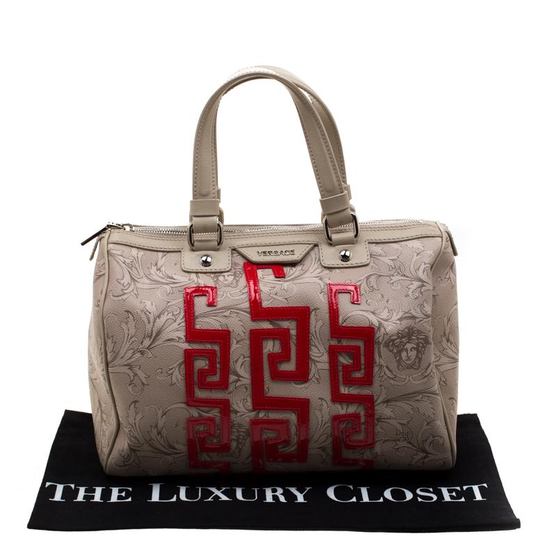 Versace Beige/Red Brocco Printed Leather Boston Bag 6