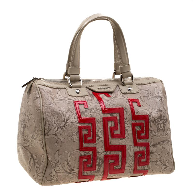 Versace Beige/Red Brocco Printed Leather Boston Bag In Good Condition In Dubai, Al Qouz 2