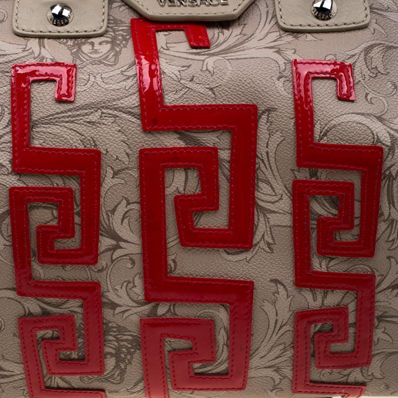 Versace Beige/Red Brocco Printed Leather Boston Bag 3