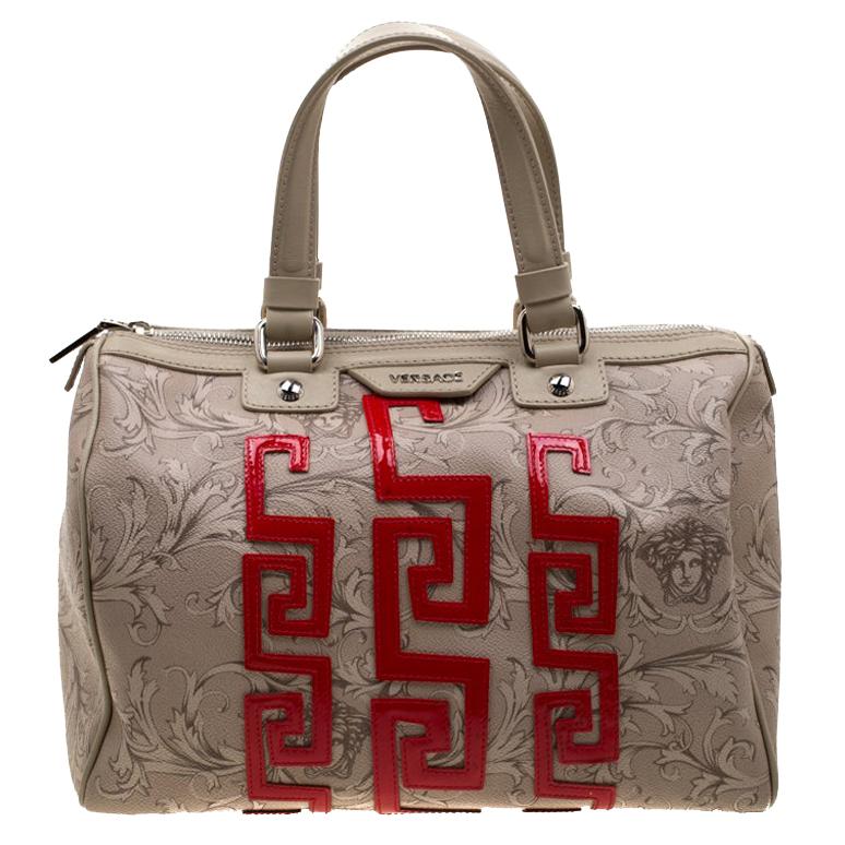 Versace Beige/Red Brocco Printed Leather Boston Bag